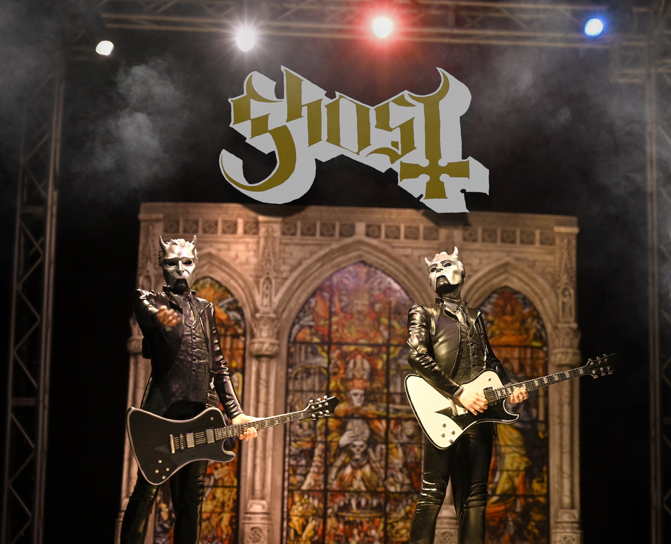 Ghost Papa Nihil, Ghost Ghoul Guitar White, Ghost Ghoul Guitar Black Rock Iconz and A Pale Tour Named Death Stage Set for our On Tour™ Series.