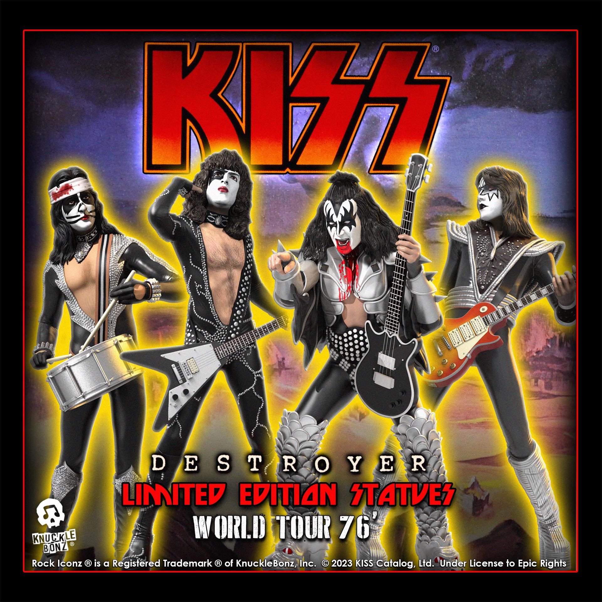 Promotional image for KISS limited edition statues with band members and guitars.