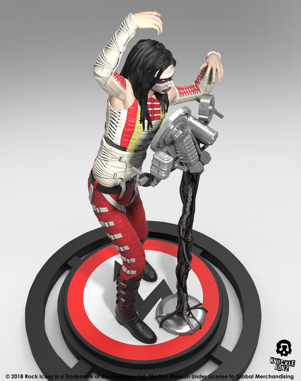 Marilyn Manson statue with microphone stand with a light background