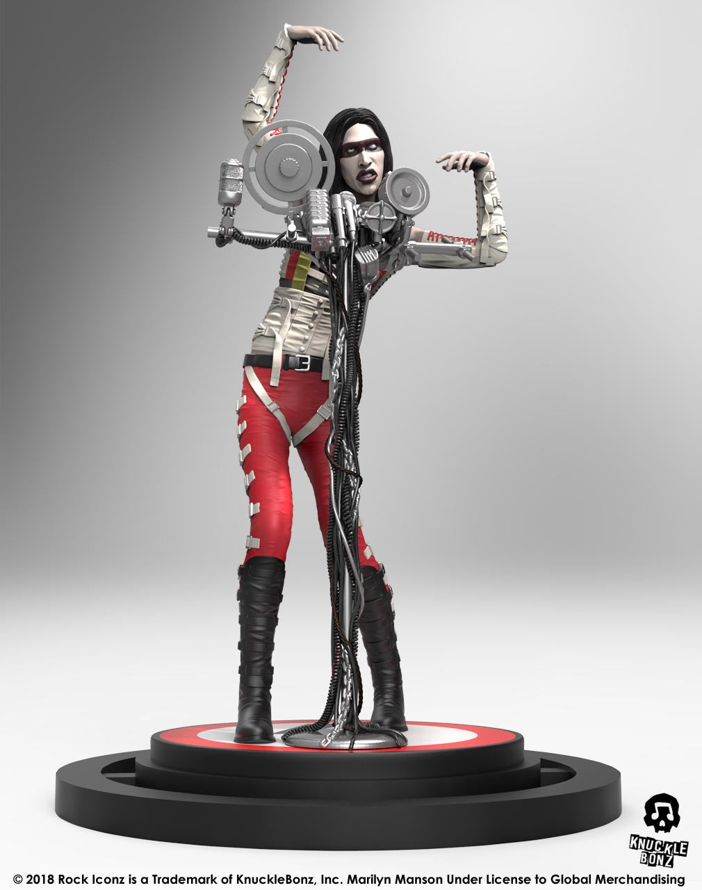 Marilyn Manson statue with microphone stand with a light background