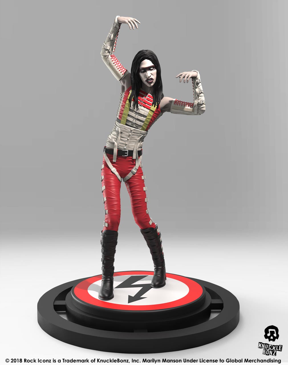 Marilyn Manson statue with microphone stand with a light background