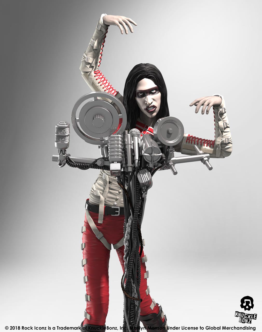 Marilyn Manson statue with microphone stand with a light background