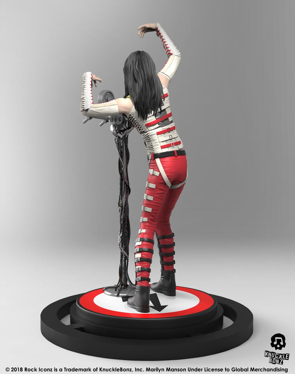 Marilyn Manson statue with microphone stand with a light background