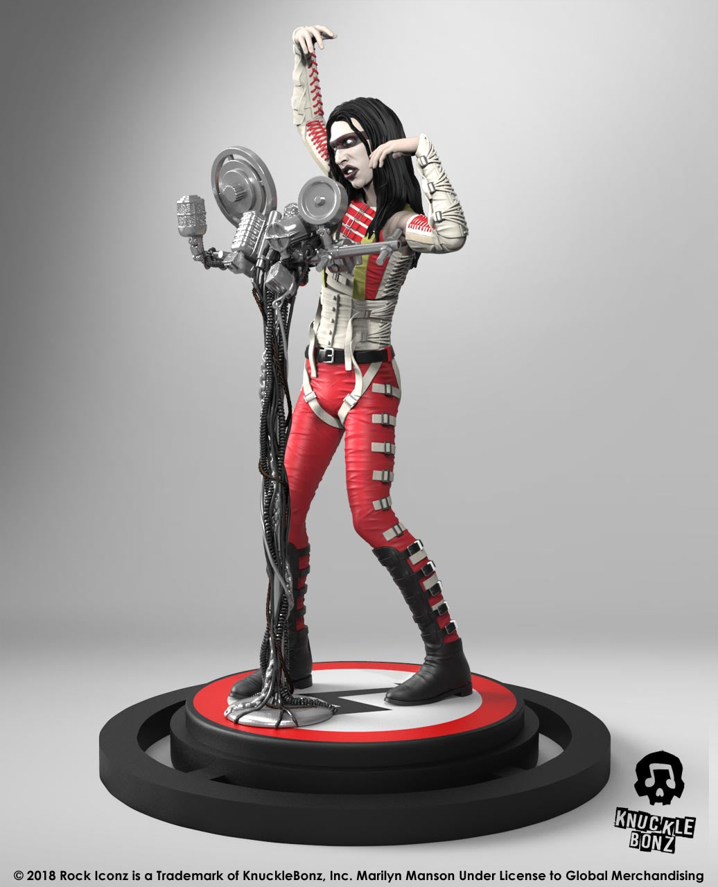 Marilyn Manson statue with microphone stand with a light background