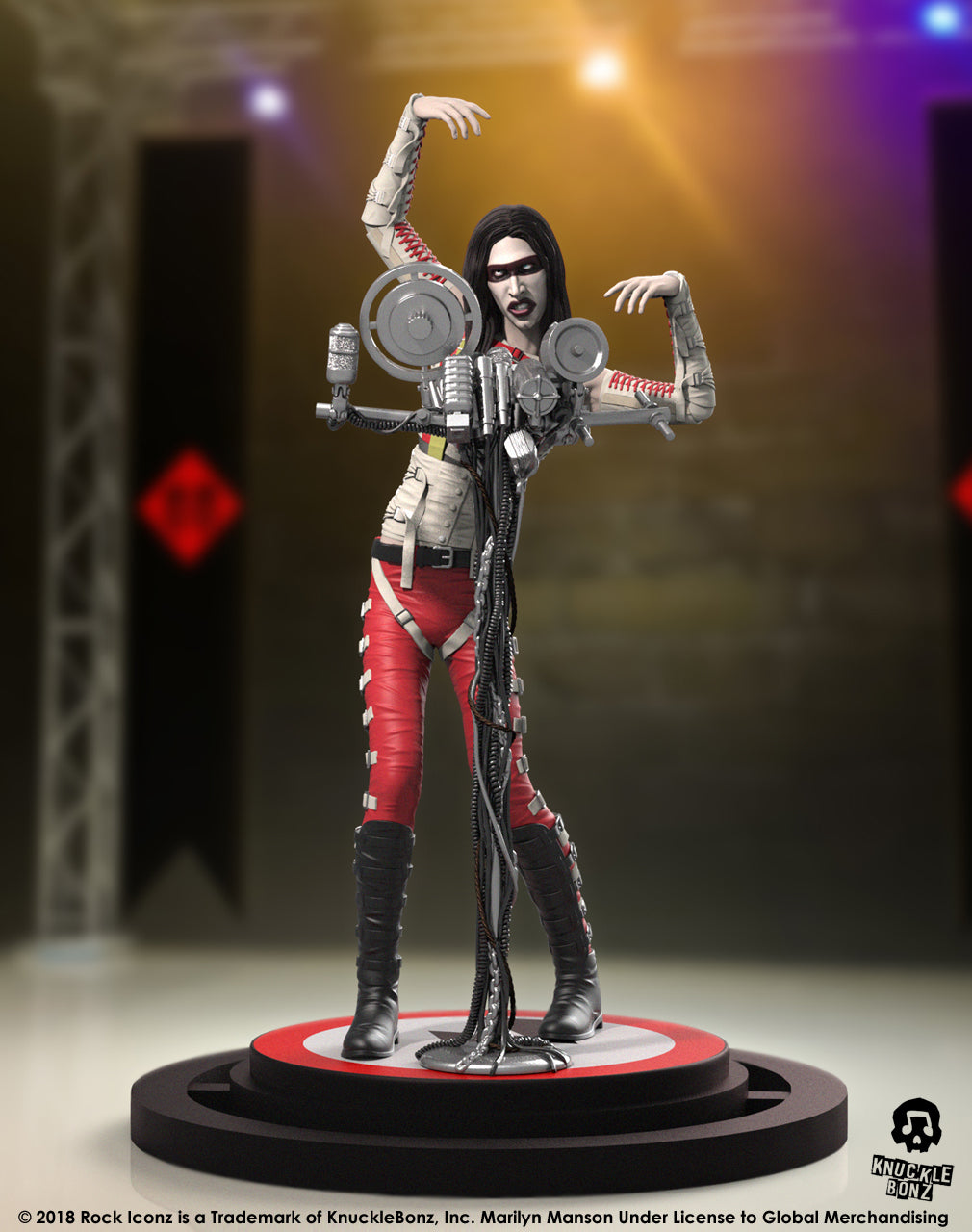 Marilyn Manson statue with microphone stand with a dark background