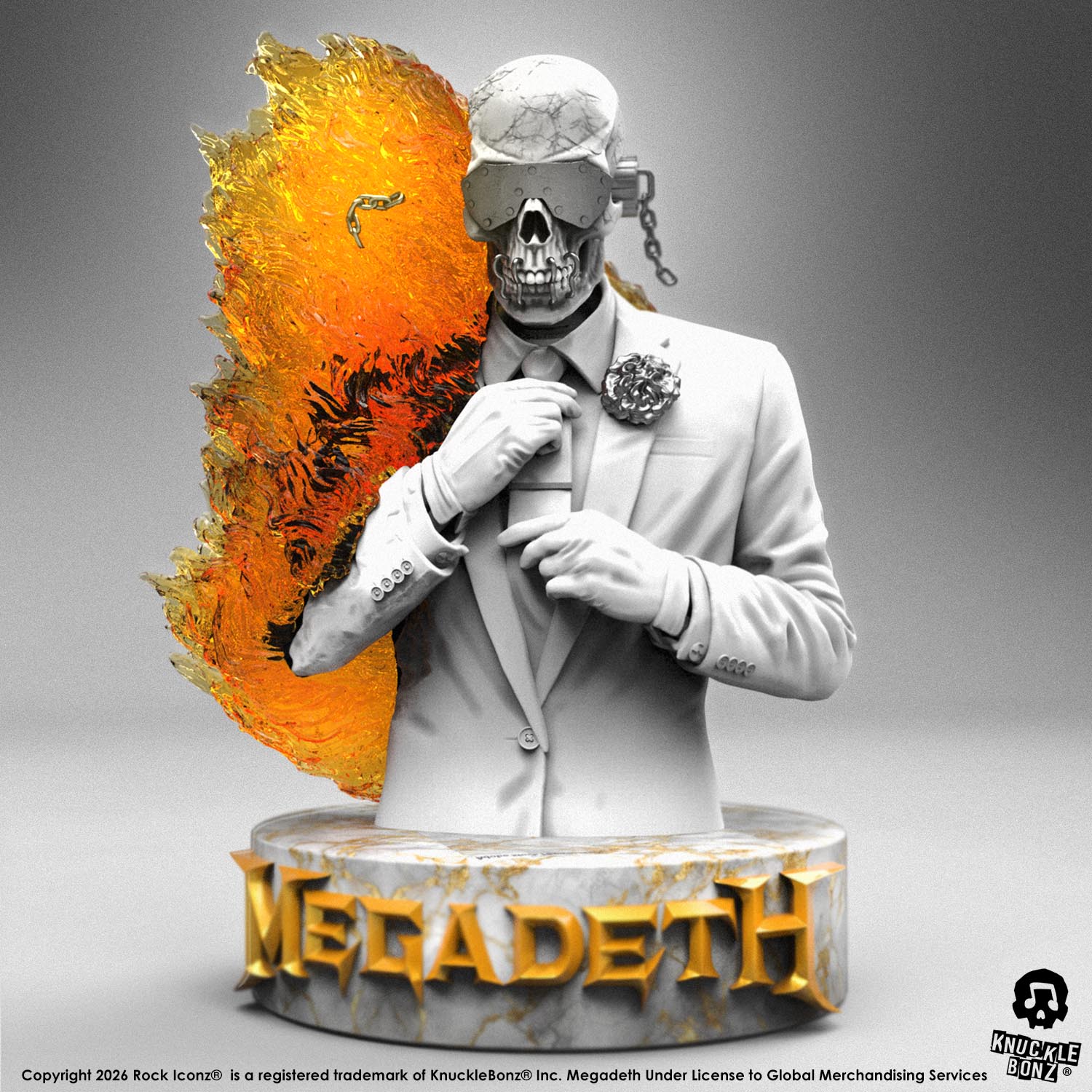 Limited edition statue of a skeleton in a white suit with red and orange flames. The statue s part of the 3D Vinyl KnuckleBonz collection.