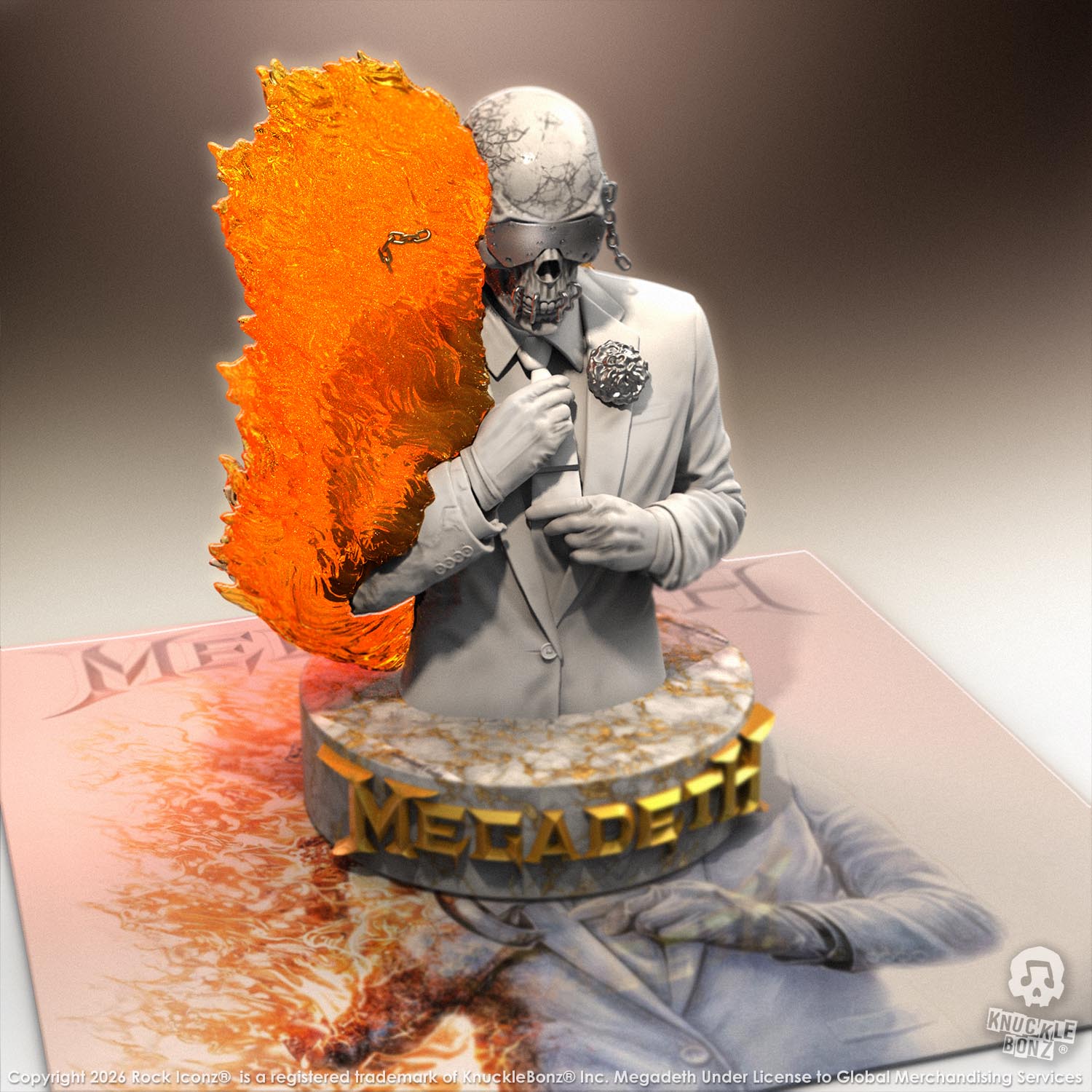 Limited edition statue of a skeleton in a white suit with red and orange flames. The statue s part of the 3D Vinyl KnuckleBonz collection.