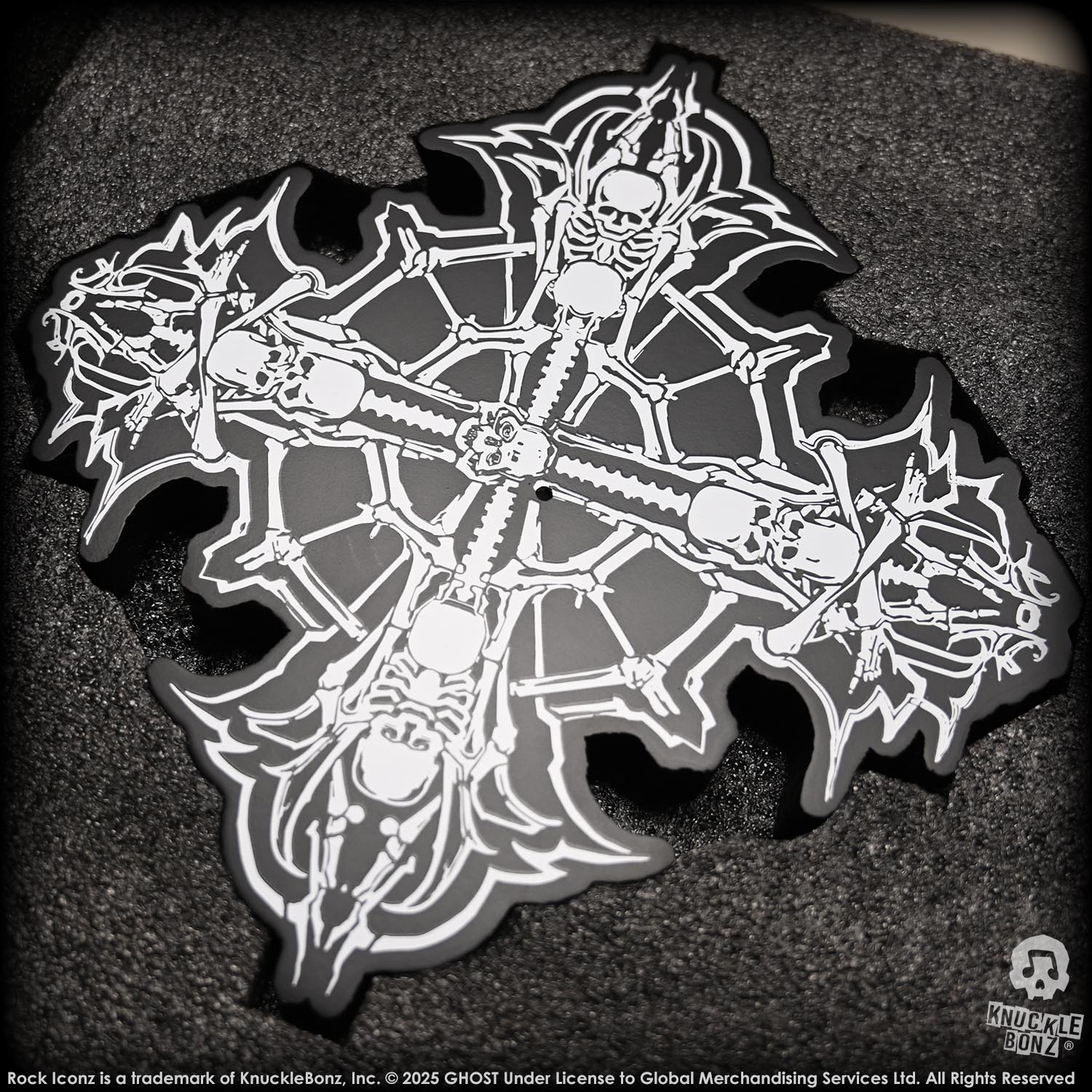 Black and white skeleton design on a textured surface