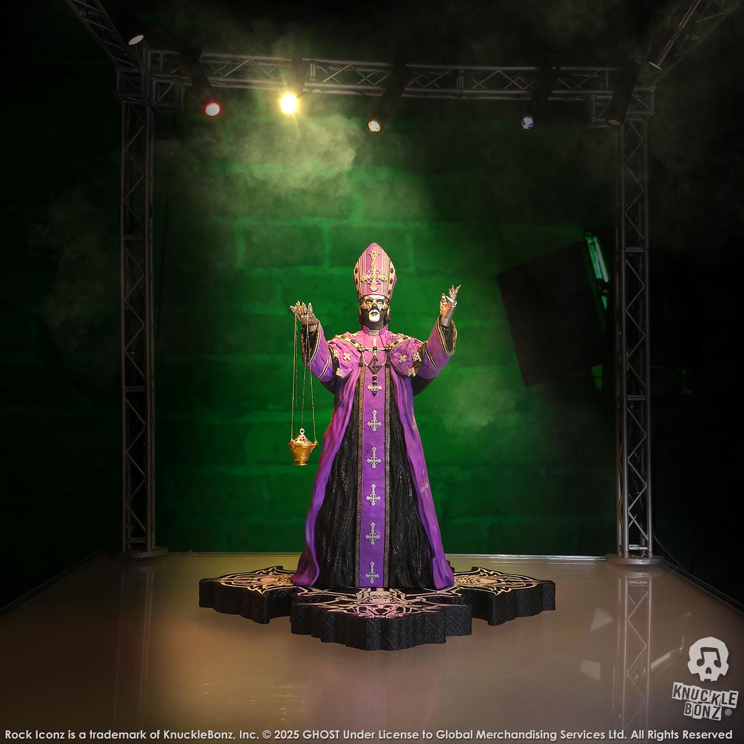 Statue of Papa V Perpetua from Ghost  in a purple robe with a green background