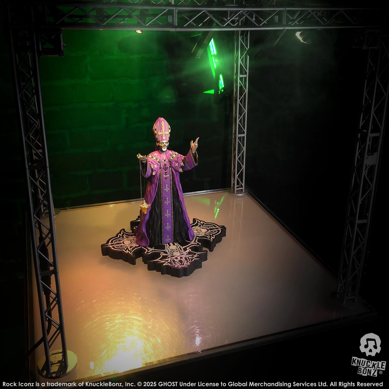 Statue of Papa V Perpetua from Ghost in a purple robe with a green background
