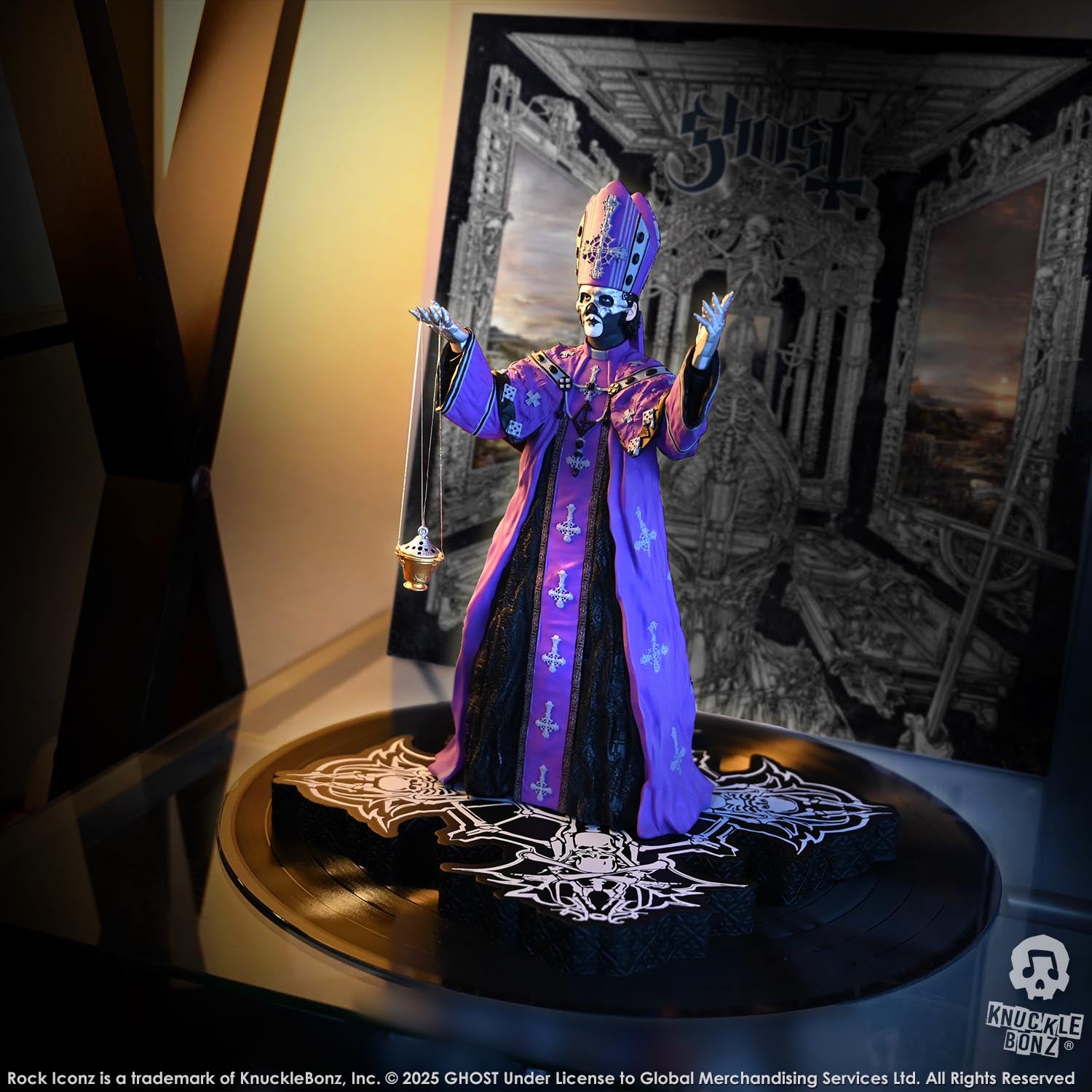 Statue of Papa V Perpetua from Ghost in a purple robe with a green background