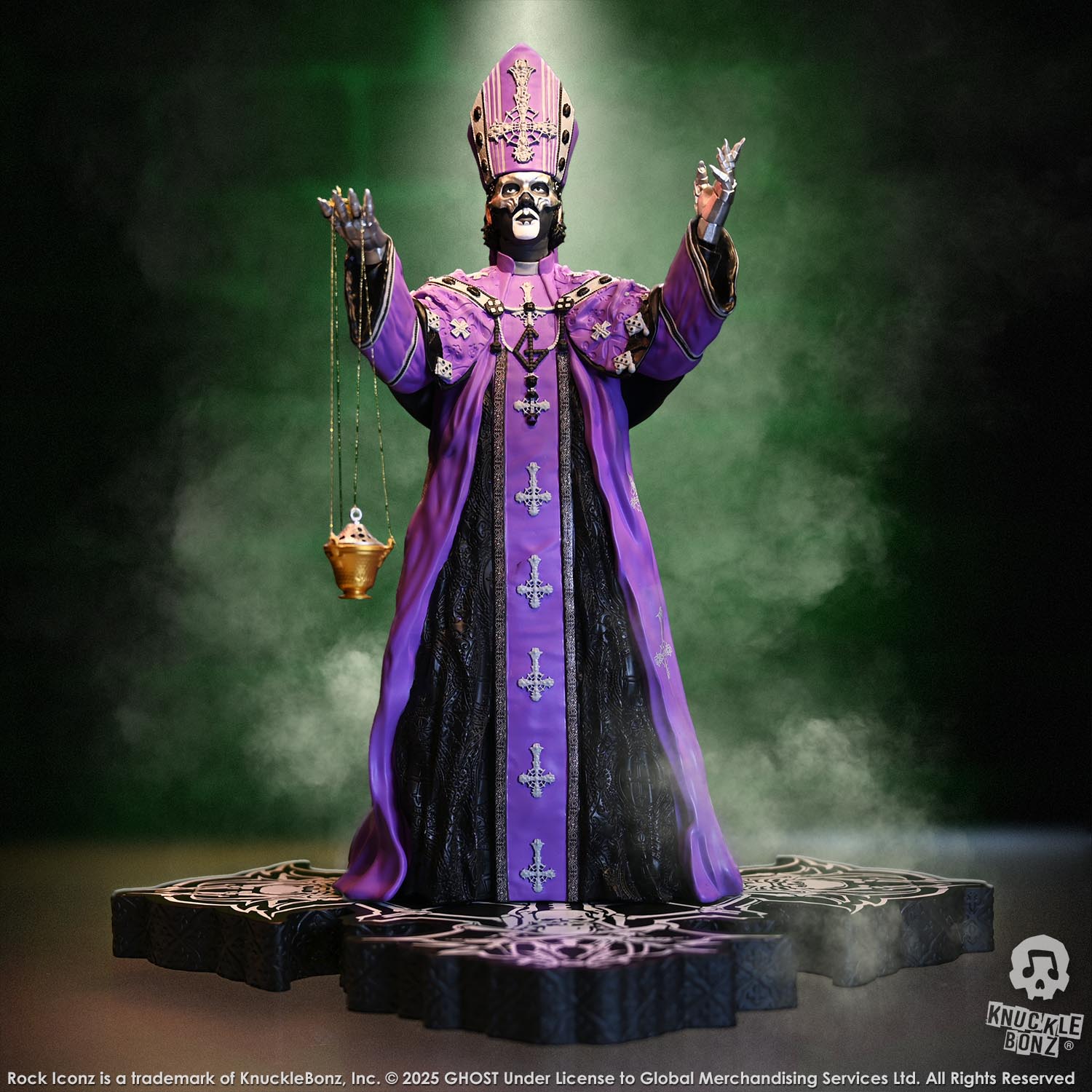 Statue of Papa V Perpetua from Ghost in purple and black robes with a dark background