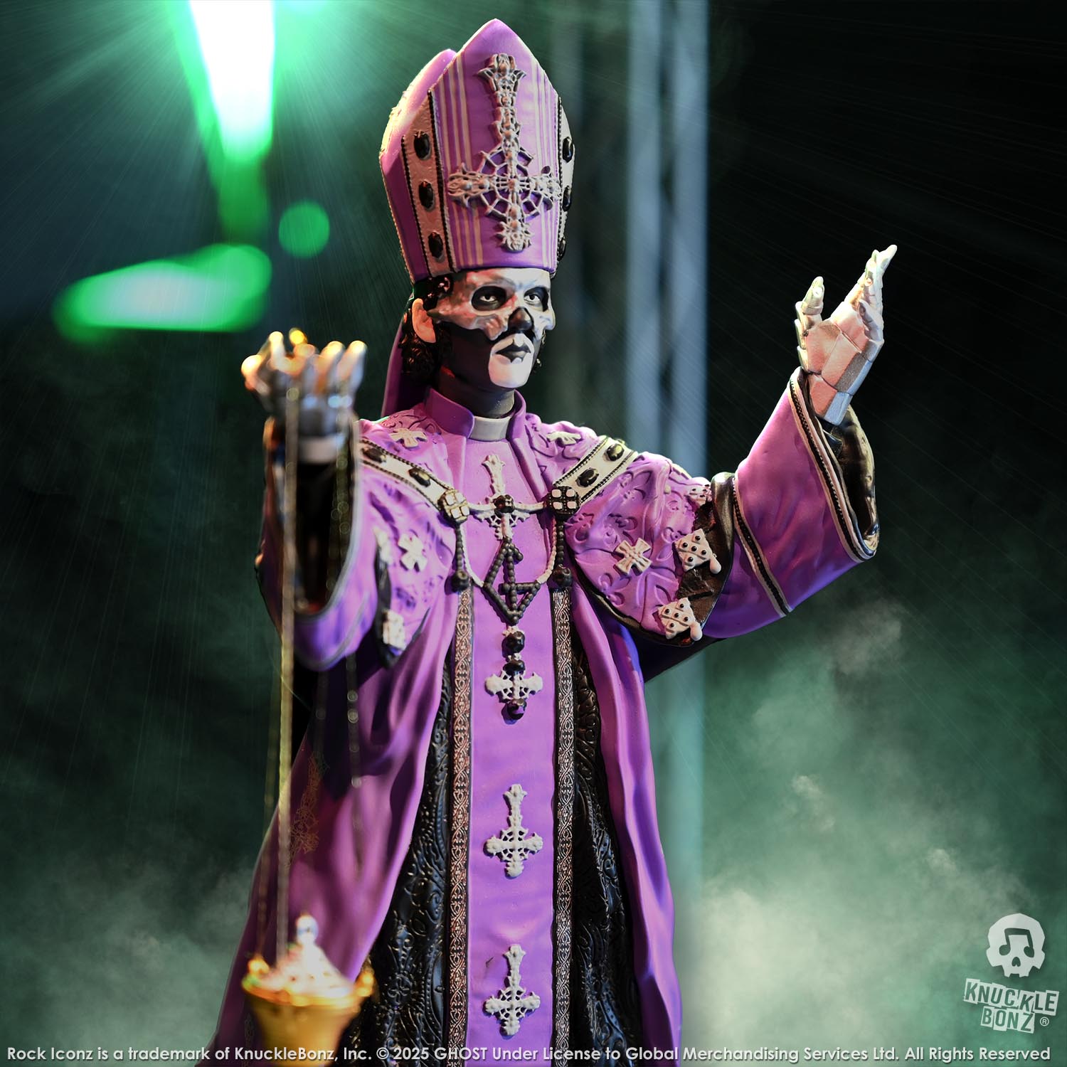 Statue of Papa V Perpetua from Ghost in a purple robe with a green background