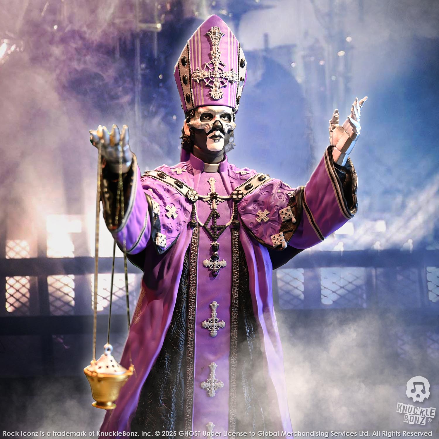 Statue of Papa V Perpetua from Ghost in a purple robe with a green background