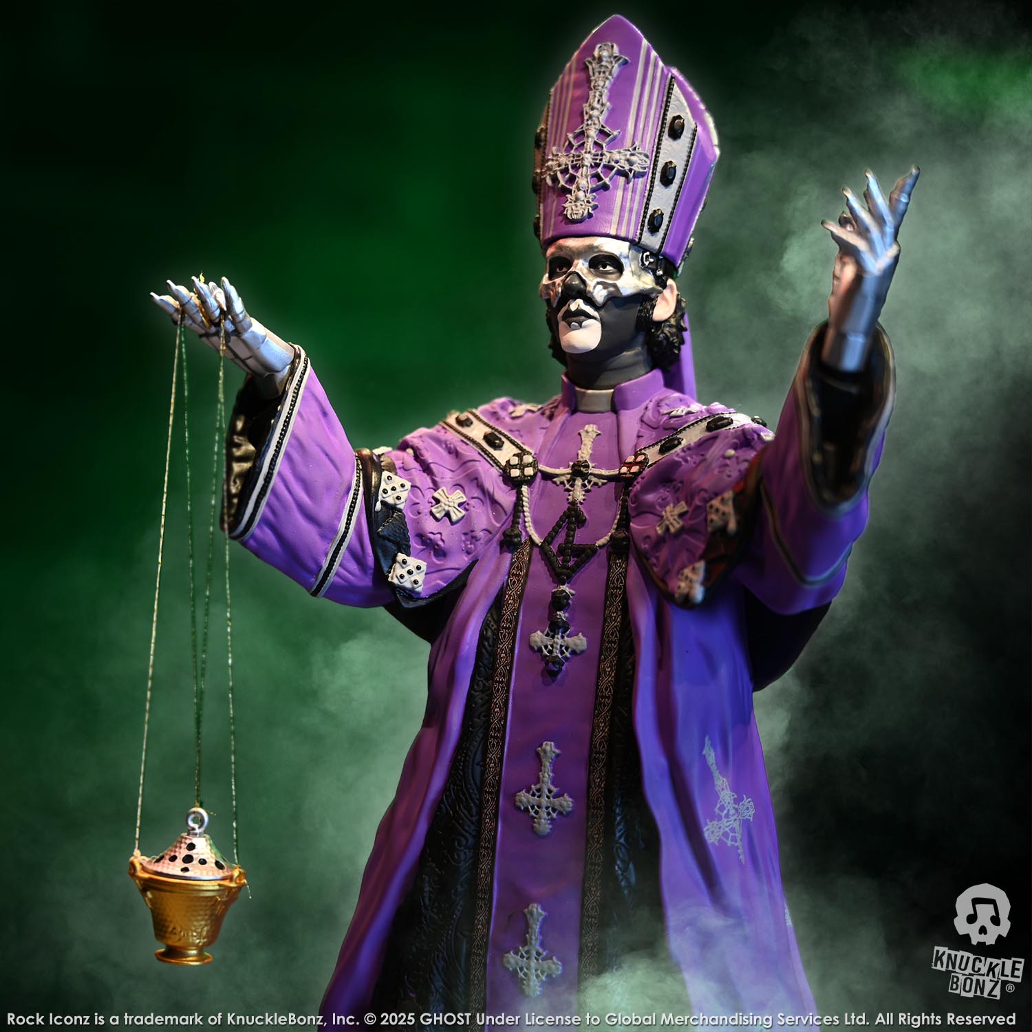 Statue of Papa V Perpetua from Ghost in a purple robe with a green background