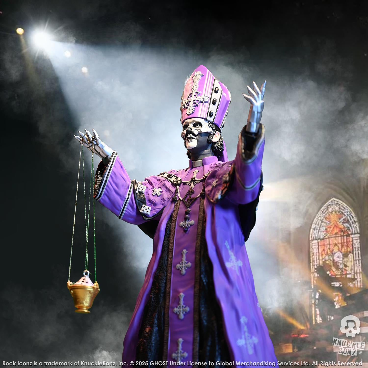 Statue of Papa V Perpetua from Ghost in a purple robe with a green background