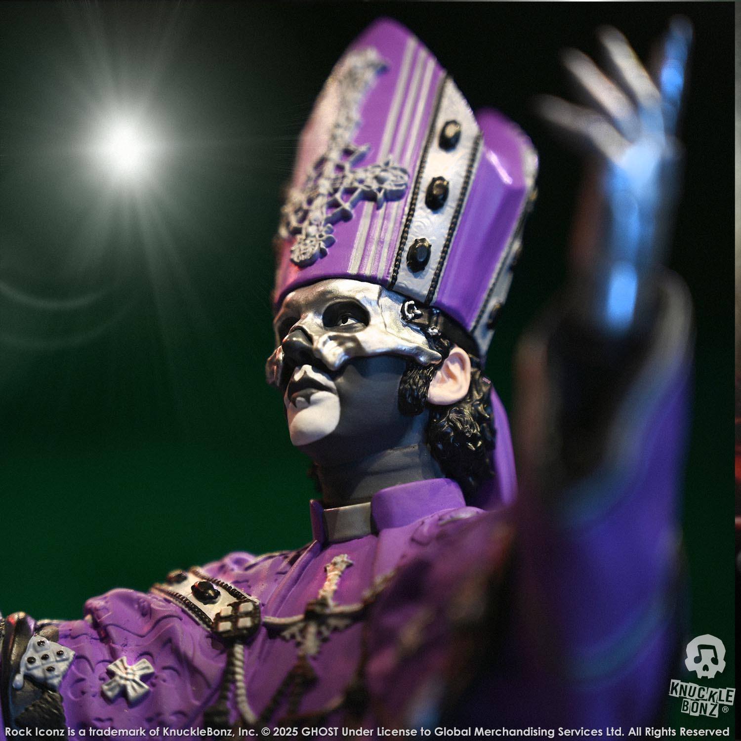 Statue of Papa V Perpetua from Ghost in a purple robe with a green background