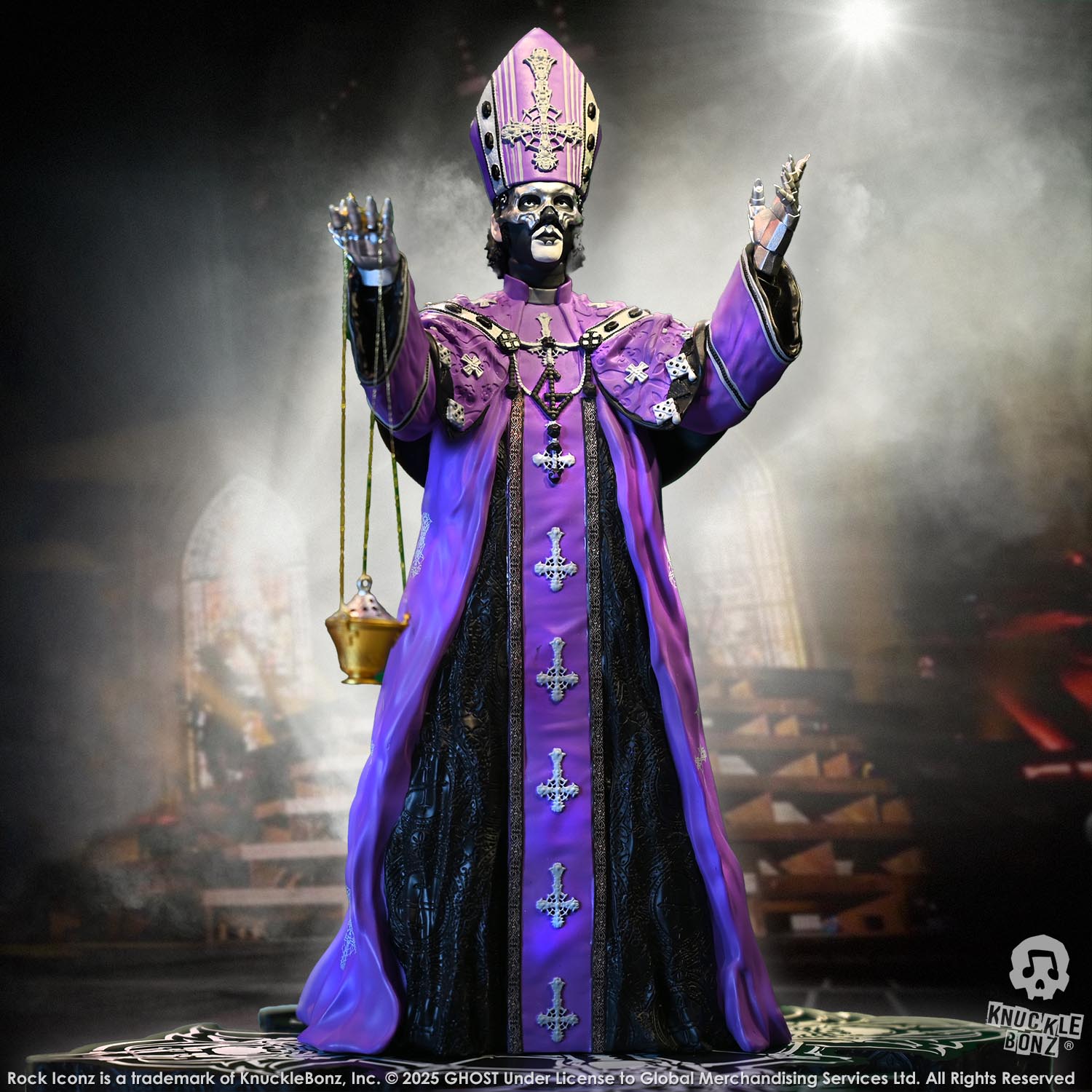 Statue of Papa V Perpetua from Ghost in a purple robe with a green background