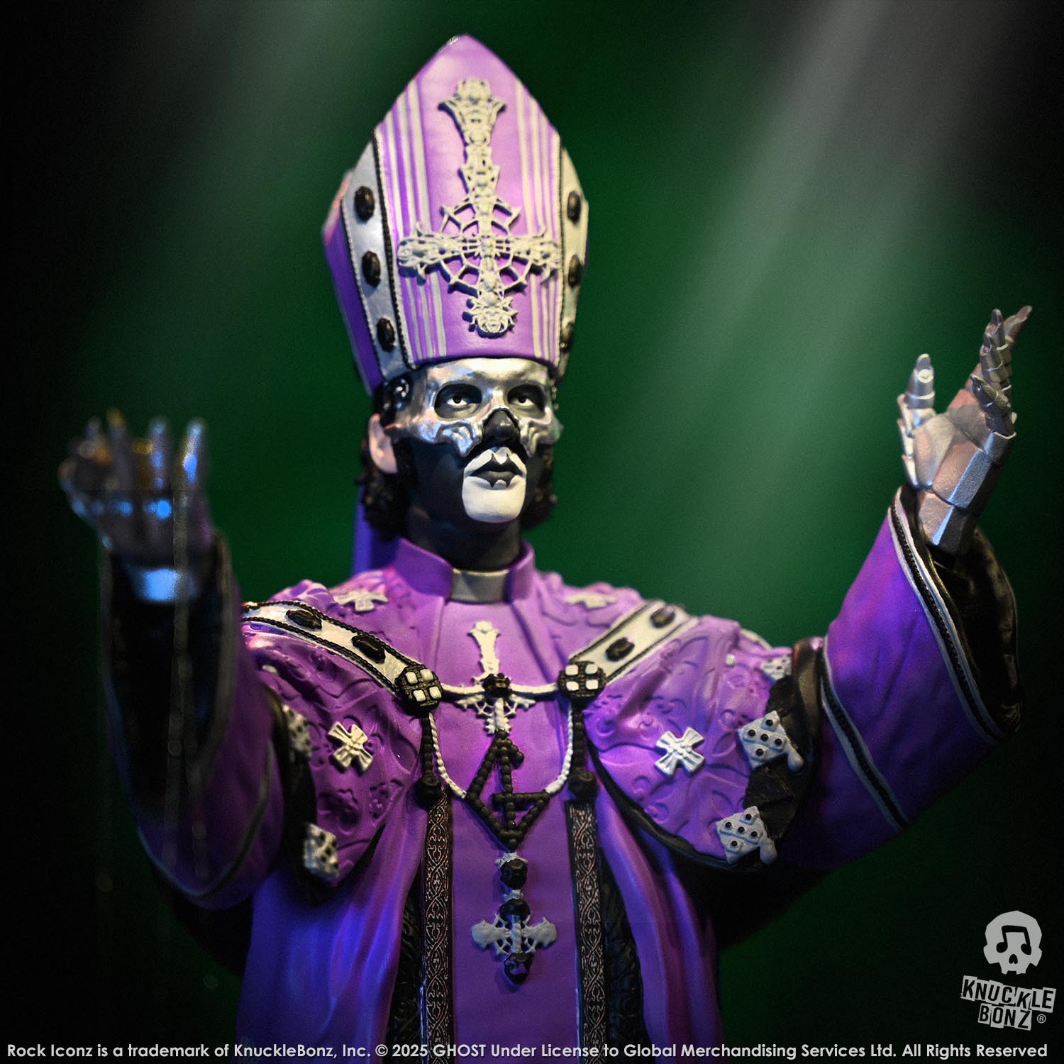 Statue of Papa V Perpetua from Ghost in a purple robe with a green background