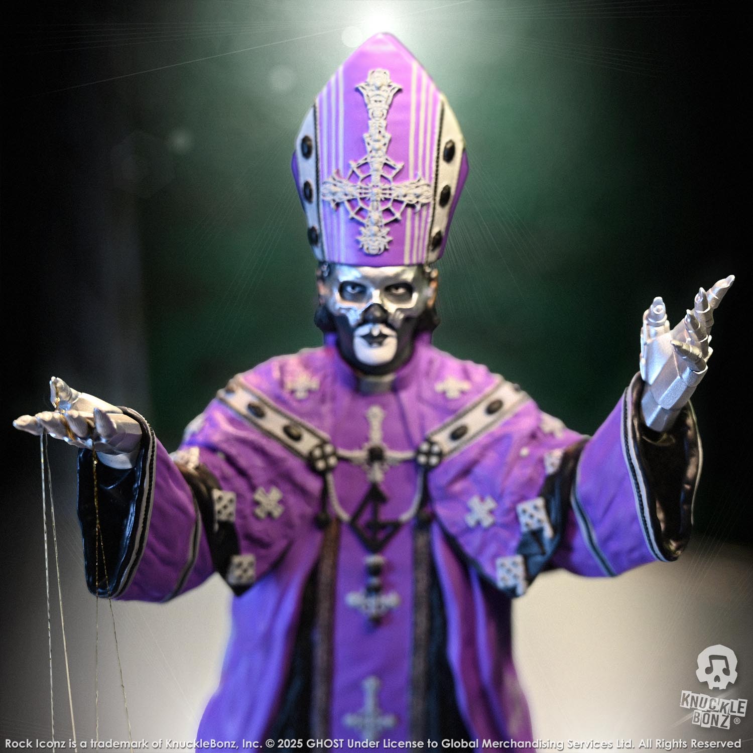 Statue of Papa V Perpetua from Ghost in a purple robe with a green background