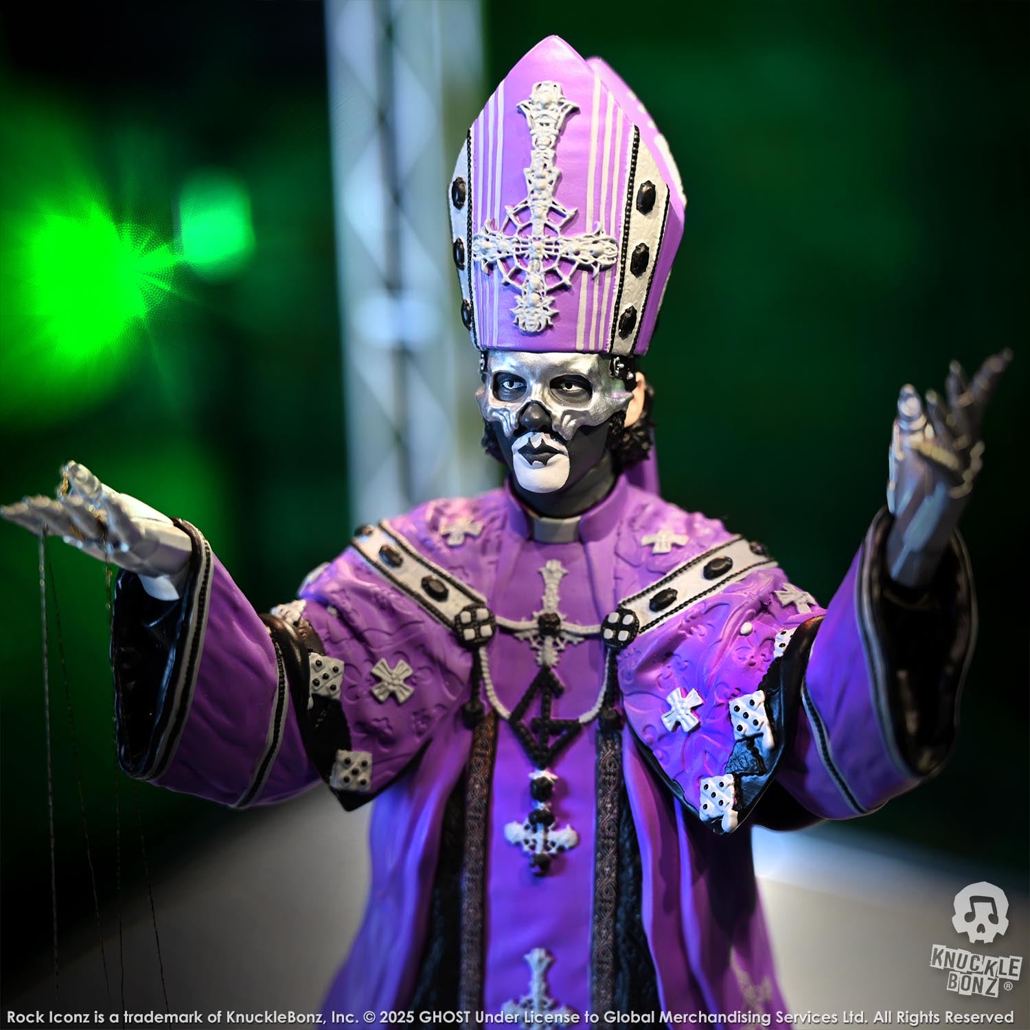 Statue of Papa V Perpetua from Ghost in a purple robe with a green background