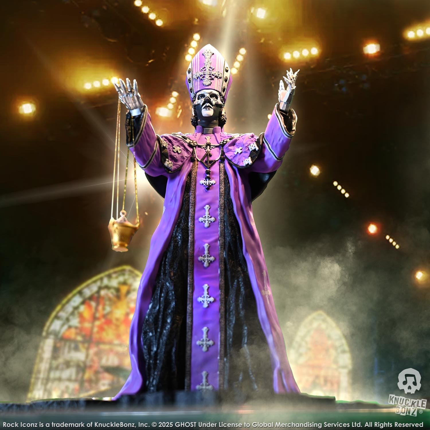 Statue of Papa V Perpetua from Ghost in a purple robe with a stage lit background