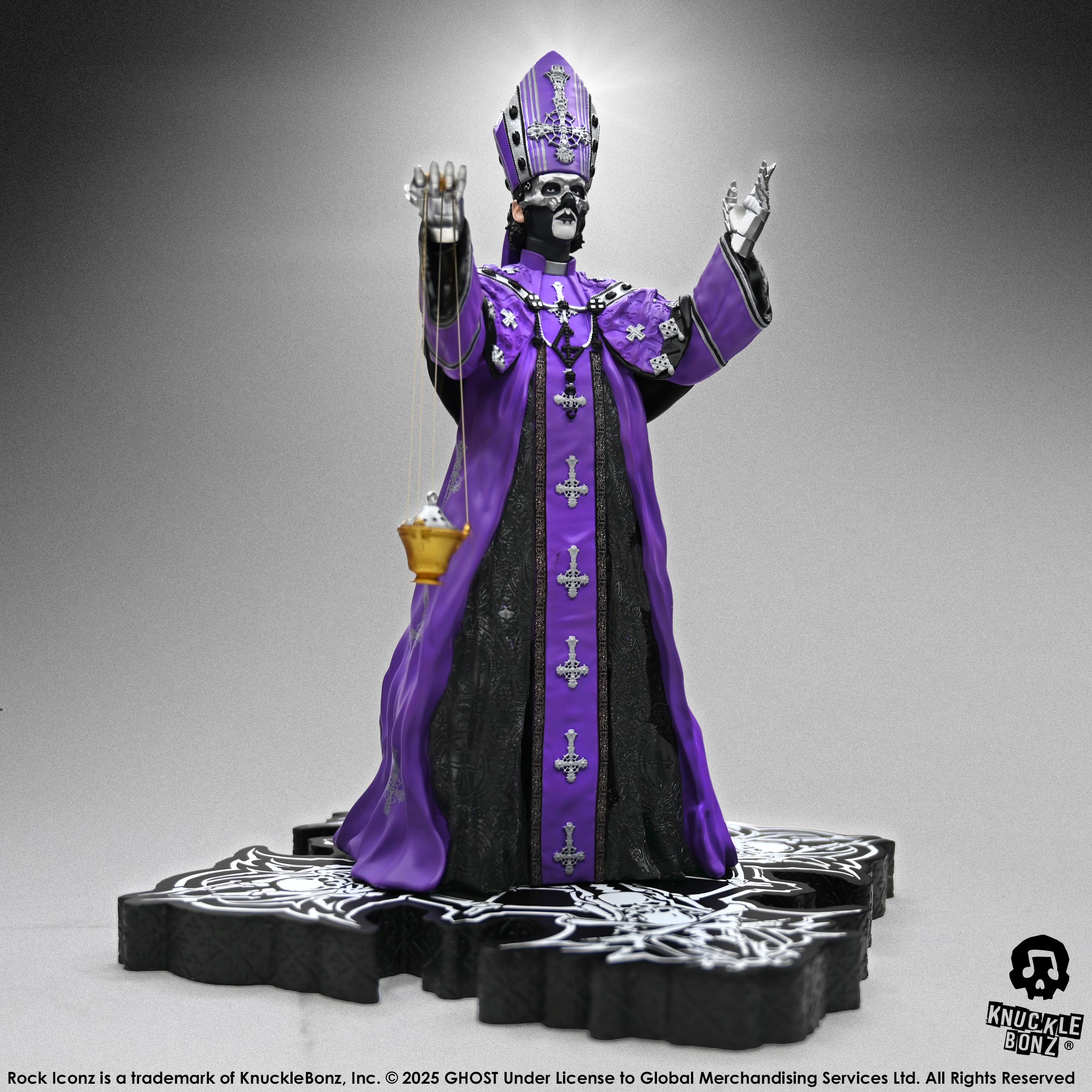 Statue of Papa V Perpetua from Ghost in a purple robe with a white background