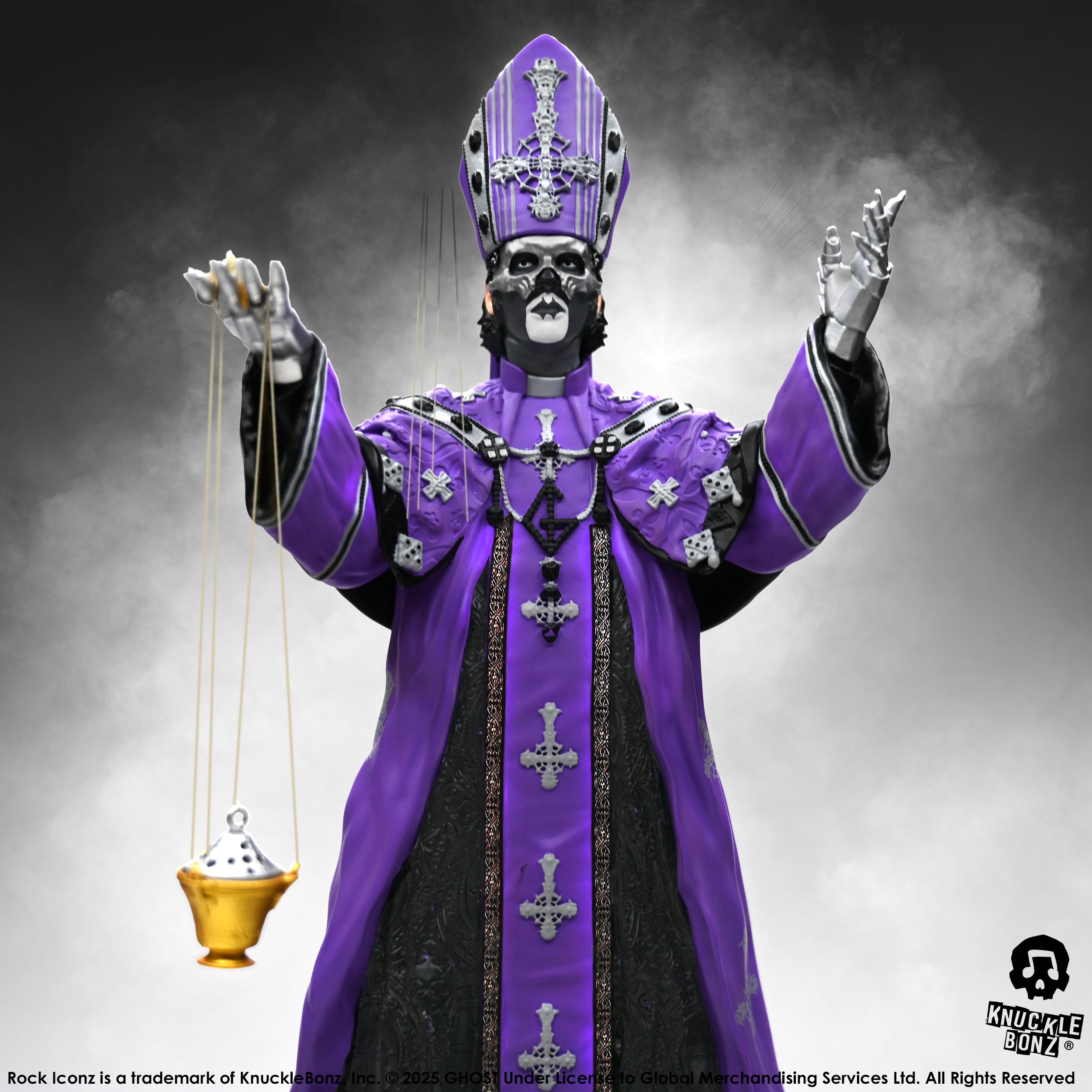 Statue of Papa V Perpetua from Ghost in a purple robe with a white background