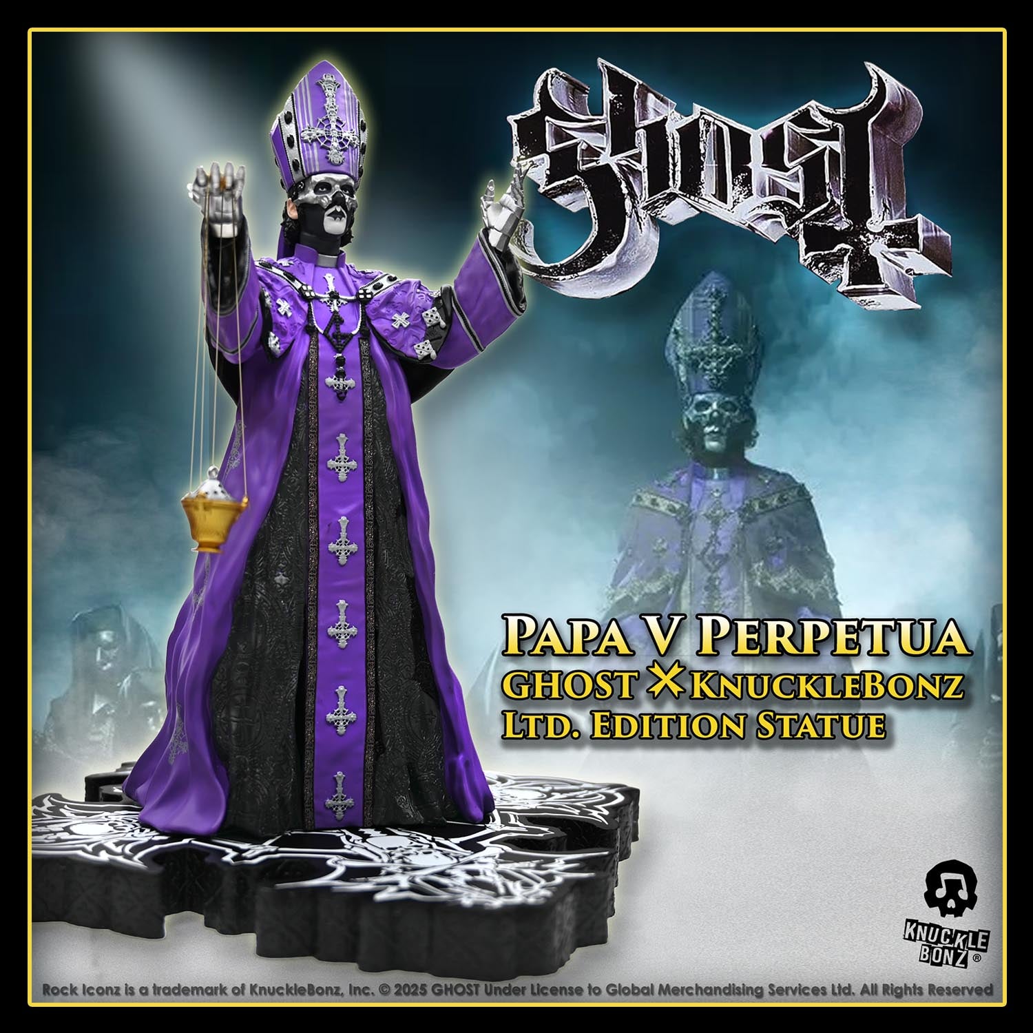 Statue of Papa V Perpetua from Ghost with purple robe, on a dark background.