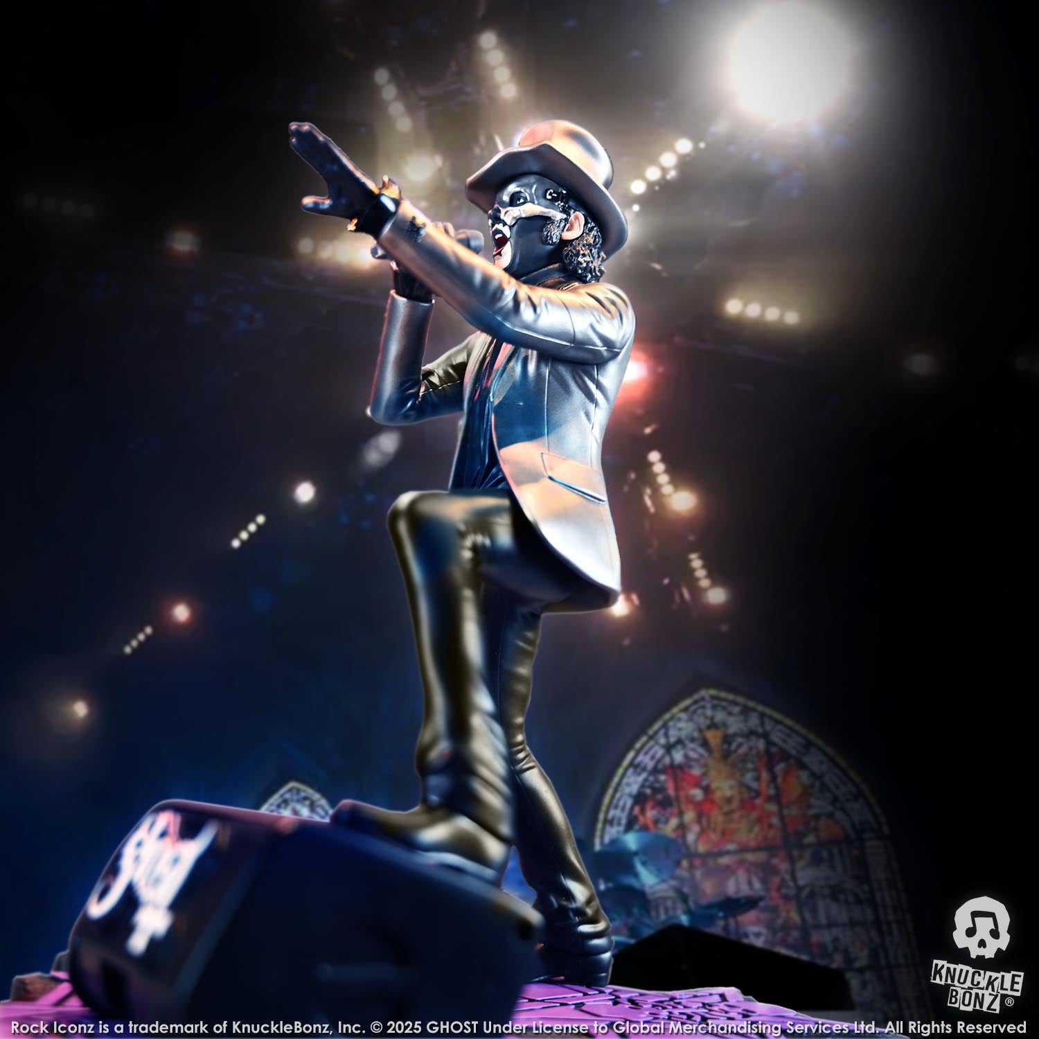 Statue of Papa V Perpetua from Ghost in a silver suit coat and top hat with a stage lit background