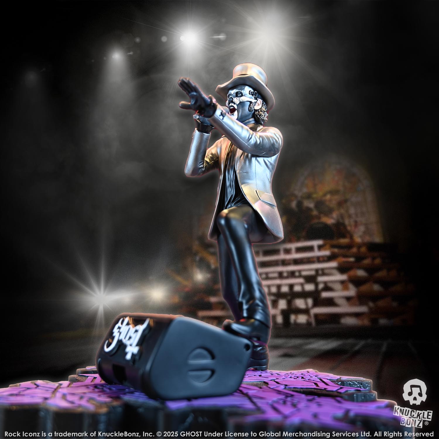 Statue of Papa V Perpetua from Ghost in a silver suit coat and top hat with a stage background