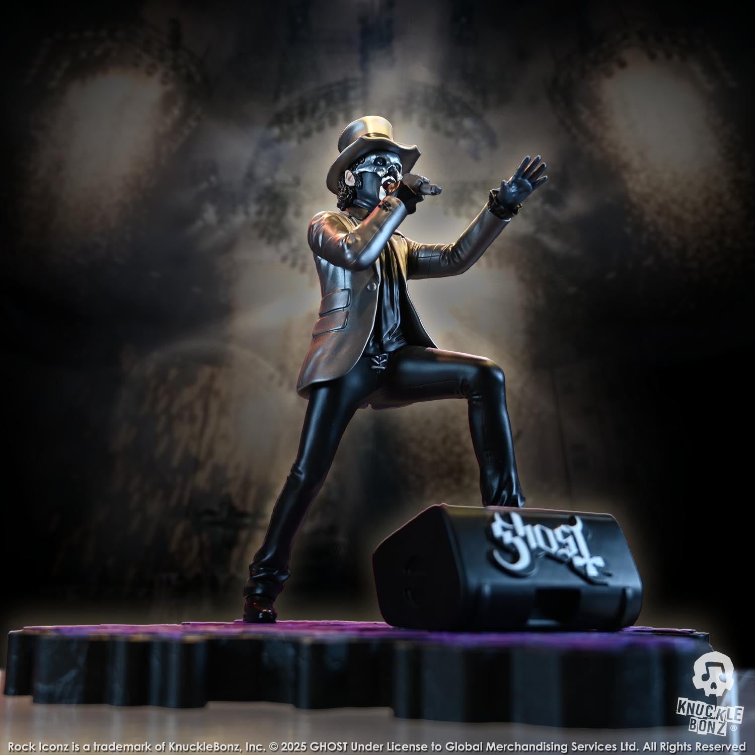 Statue of Papa V Perpetua from Ghost in a silver suit coat and top hat with a dark background