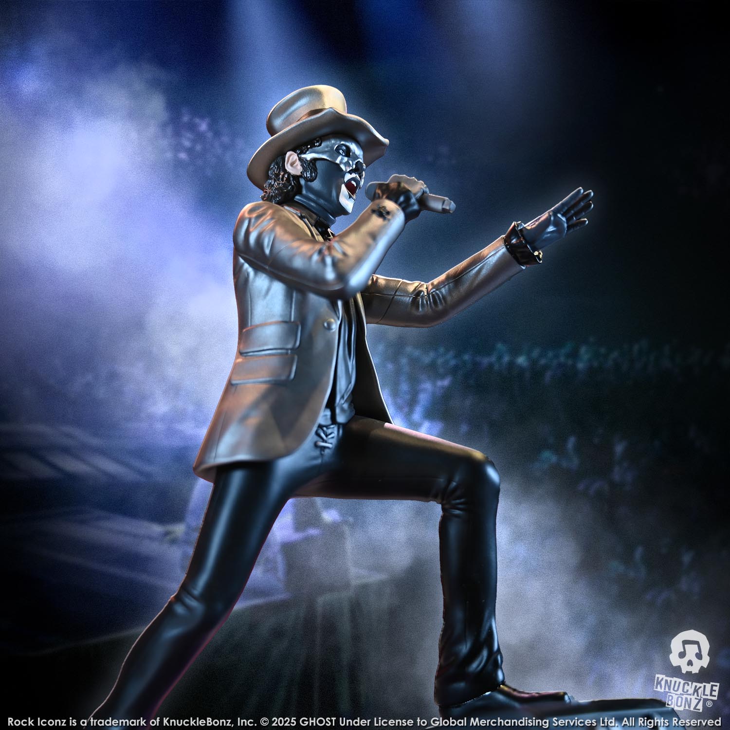 Statue of Papa V Perpetua from Ghost in a silver suit coat and top hat with a crowd background