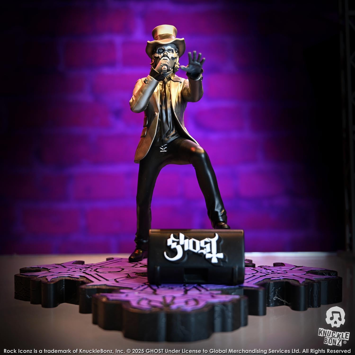 Statue of Papa V Perpetua from Ghost in a silver suit coat and top hat with a purple background