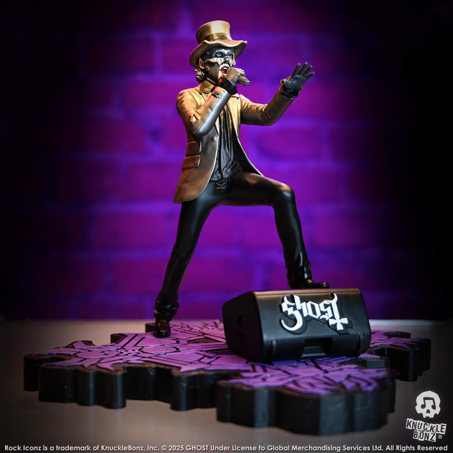 Statue of Papa V Perpetua from Ghost in a silver suit coat and top hat with a purple background