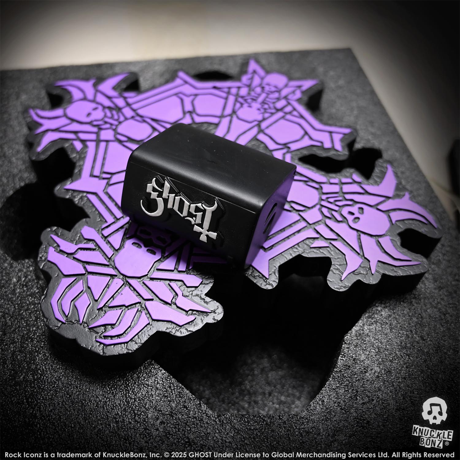 The purple base of the statue of Papa V Perpetua from Ghost