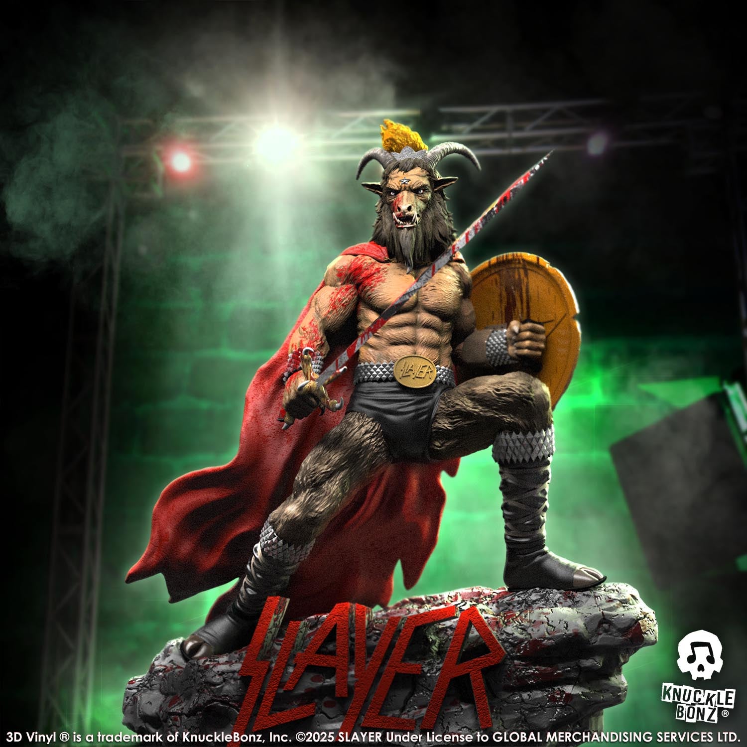 Statue of the Slayer Show No Mercy statue with a sword and shield, featuring the Slayer logo with a green background