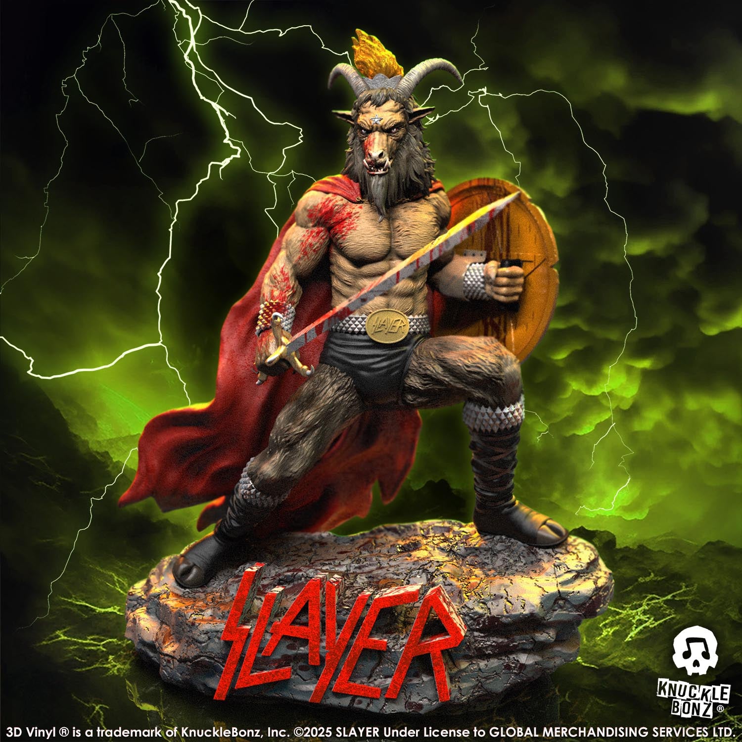 Statue of the Slayer Show No Mercy statue with a sword and shield, featuring the Slayer logo with a green background