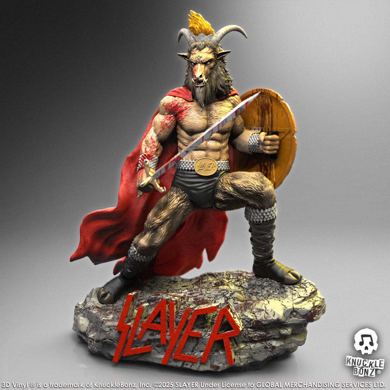 Statue of the Slayer Show No Mercy statue with a sword and shield, featuring the Slayer logo with a white background