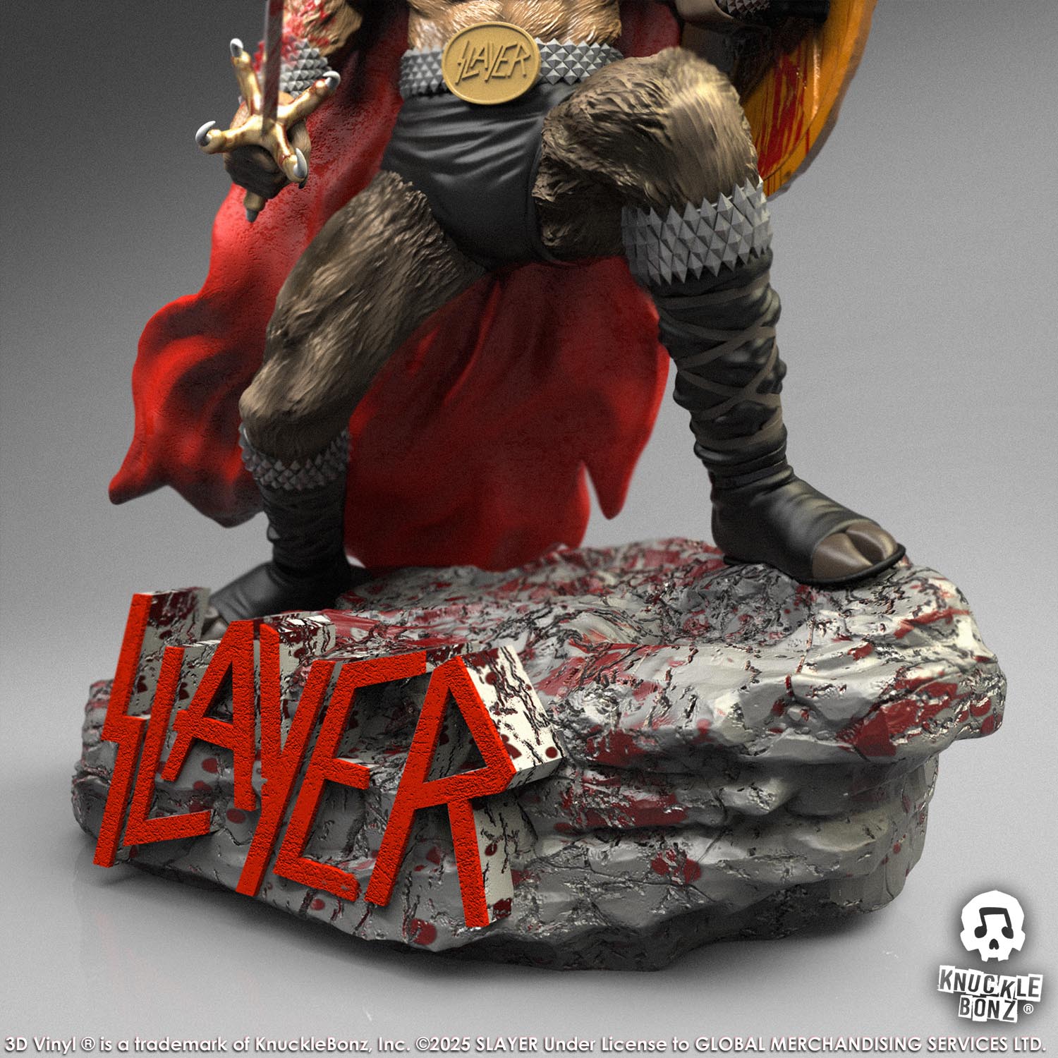 Statue of the Slayer Show No Mercy statue with a sword and shield, featuring the Slayer logo with a white background