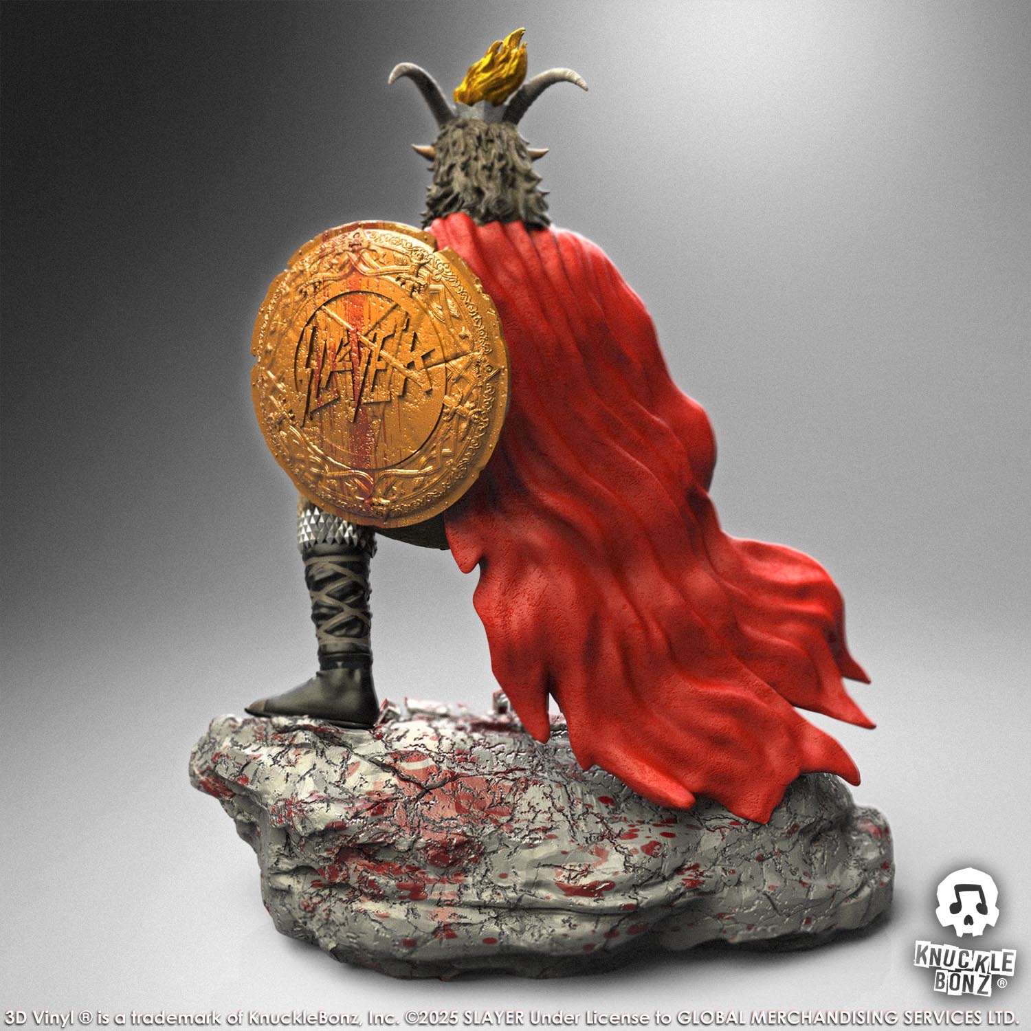 Statue of the Slayer Show No Mercy statue with a sword and shield, featuring the Slayer logo with a white background