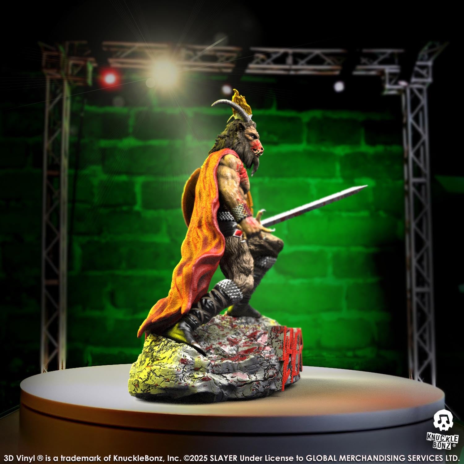 Statue of the Slayer Show No Mercy statue with a sword and shield, featuring the Slayer logo with a green background