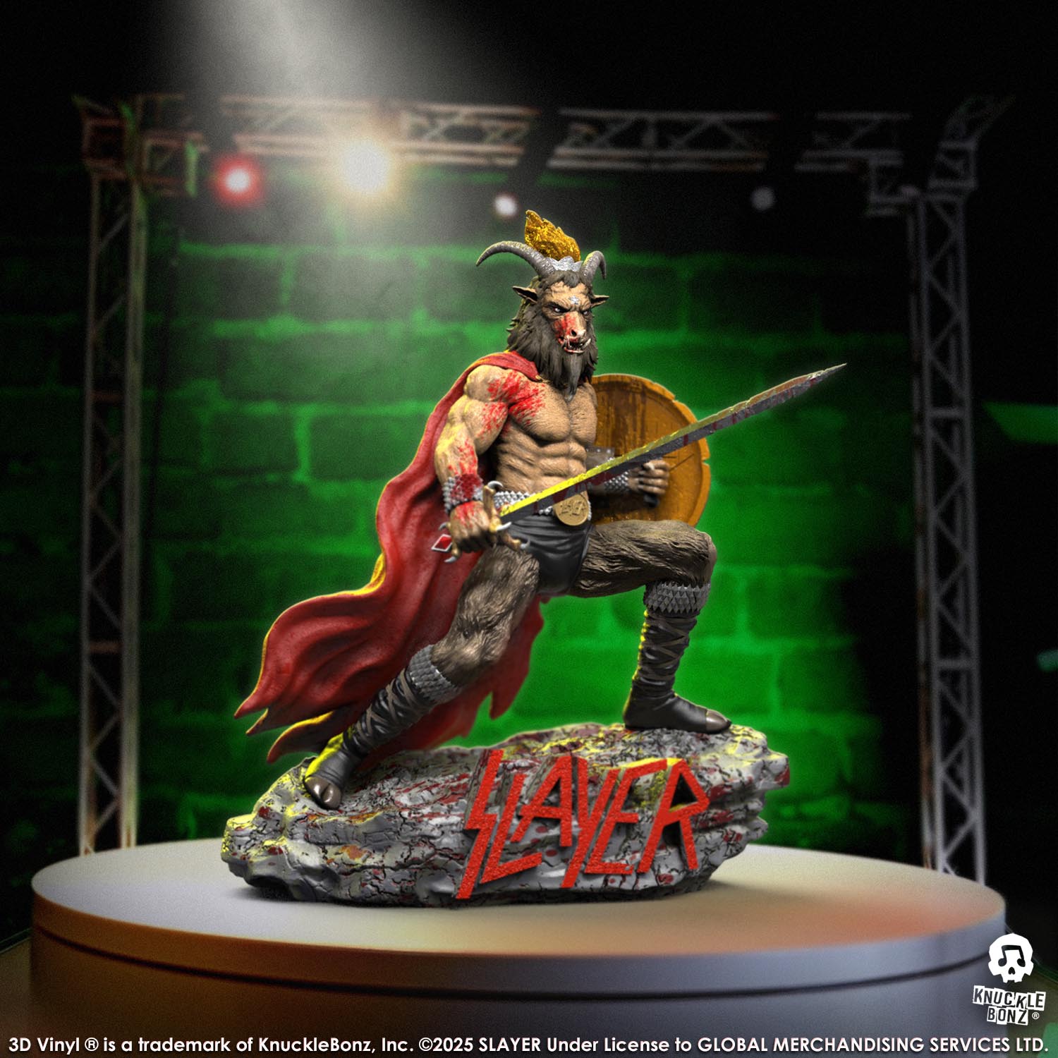 Statue of the Slayer Show No Mercy statue with a sword and shield, featuring the Slayer logo with a green background