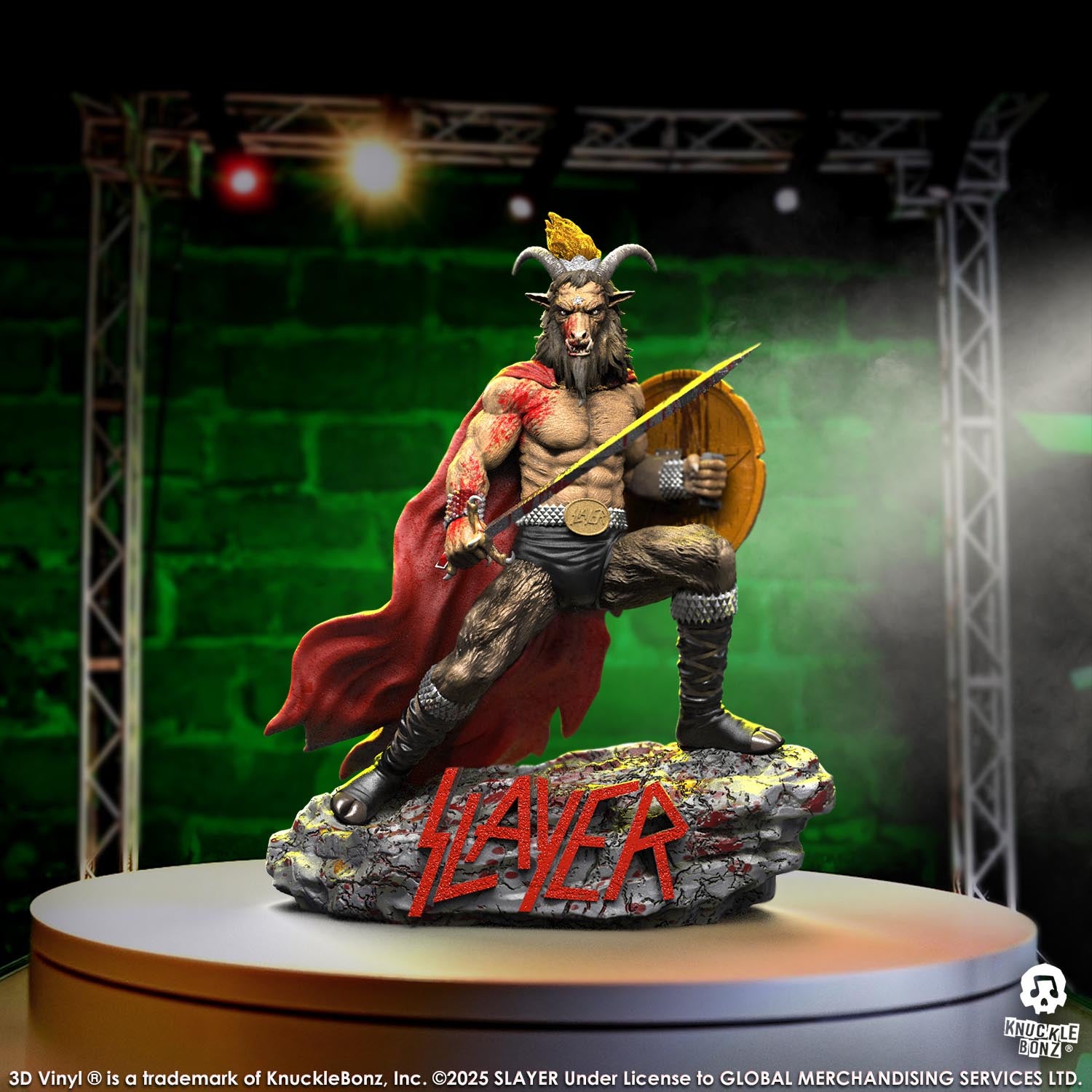 Statue of the Slayer Show No Mercy statue with a sword and shield, featuring the Slayer logo with a green background