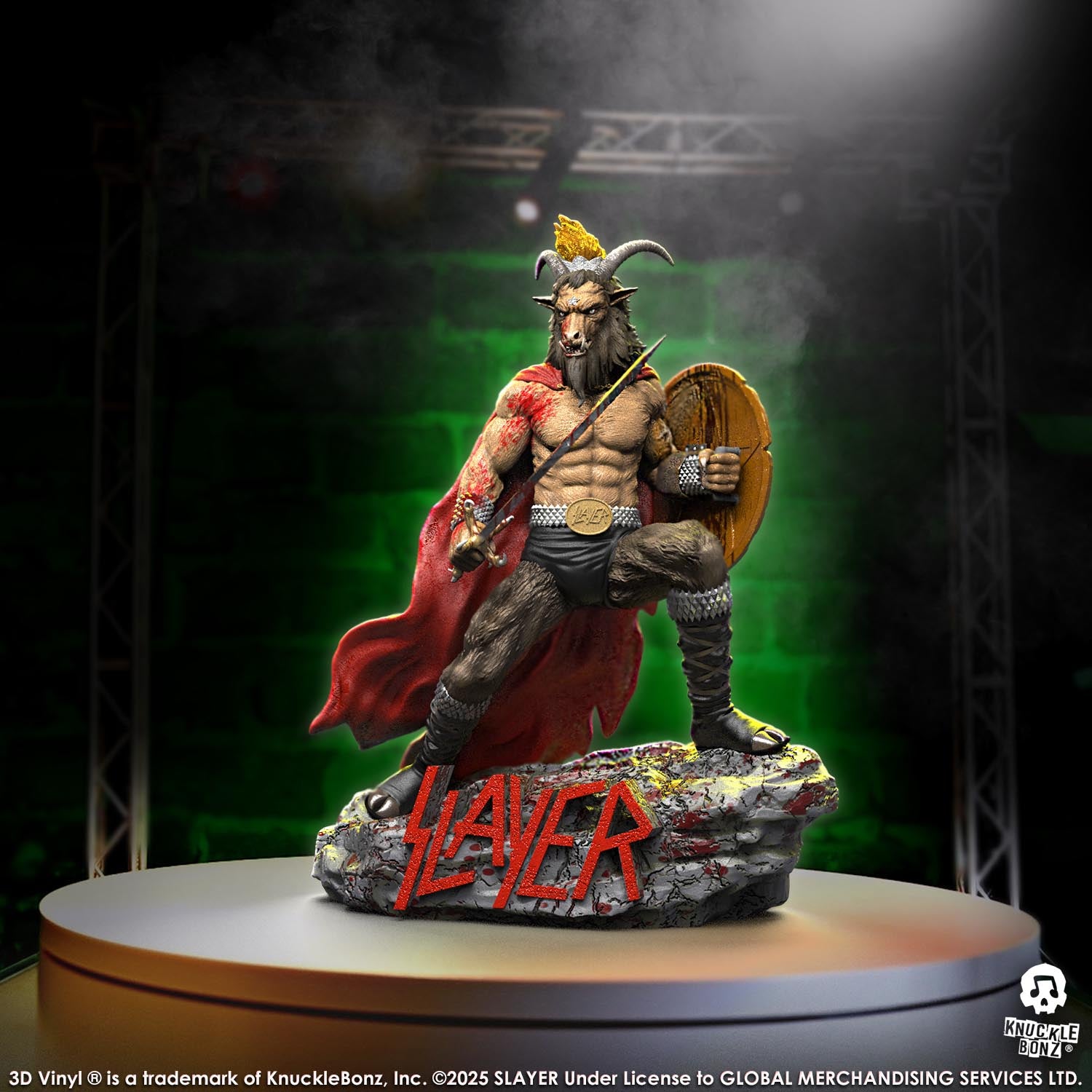 Statue of the Slayer Show No Mercy statue with a sword and shield, featuring the Slayer logo with a green background