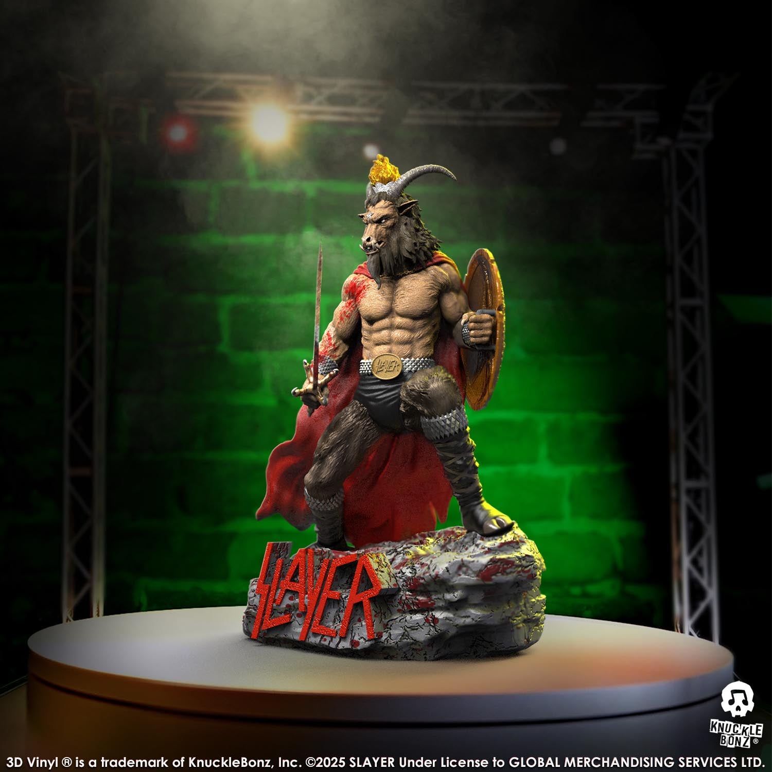 Statue of the Slayer Show No Mercy statue with a sword and shield, featuring the Slayer logo with a green background