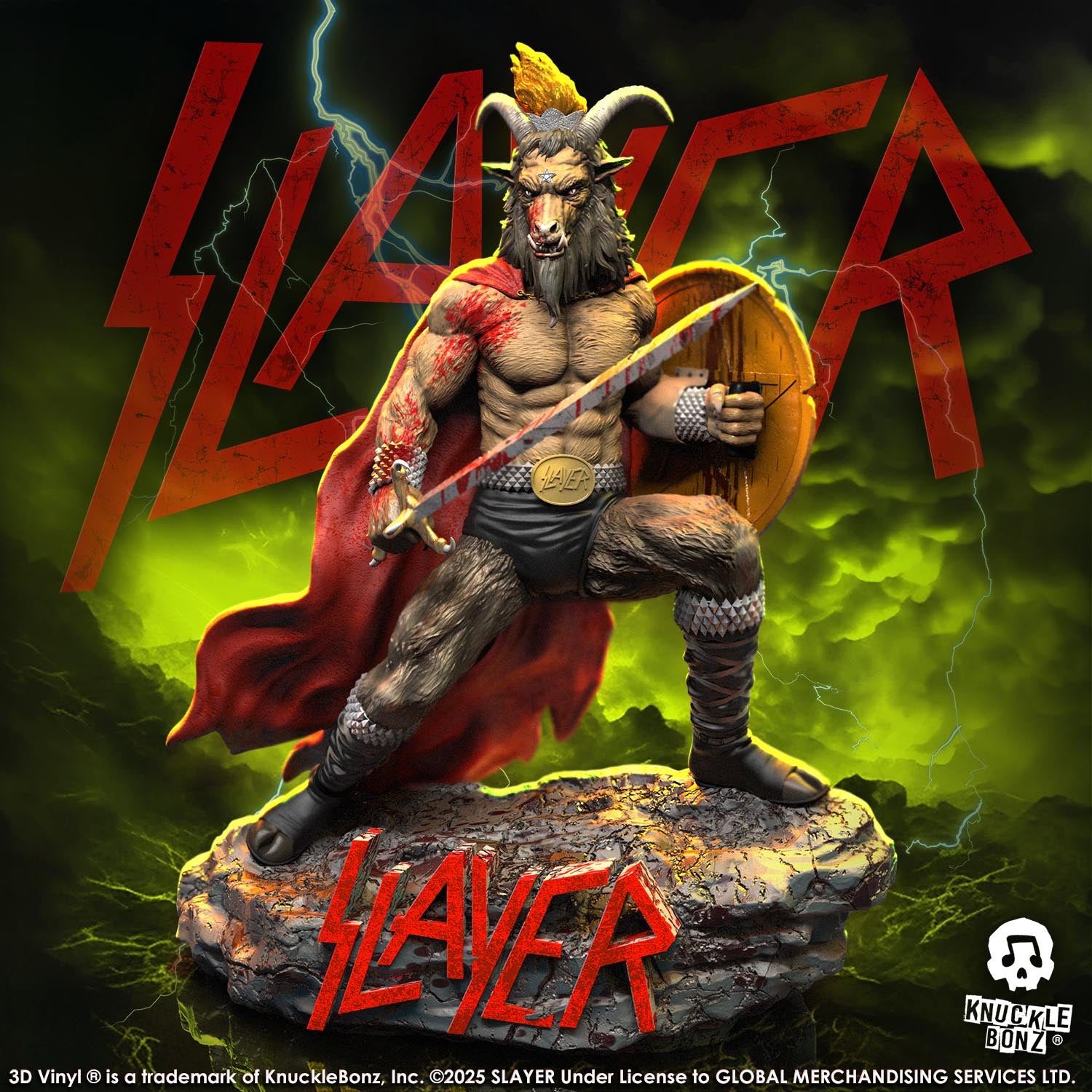 Statue of the Slayer Show No Mercy statue with a sword and shield, featuring the Slayer logo with a white background