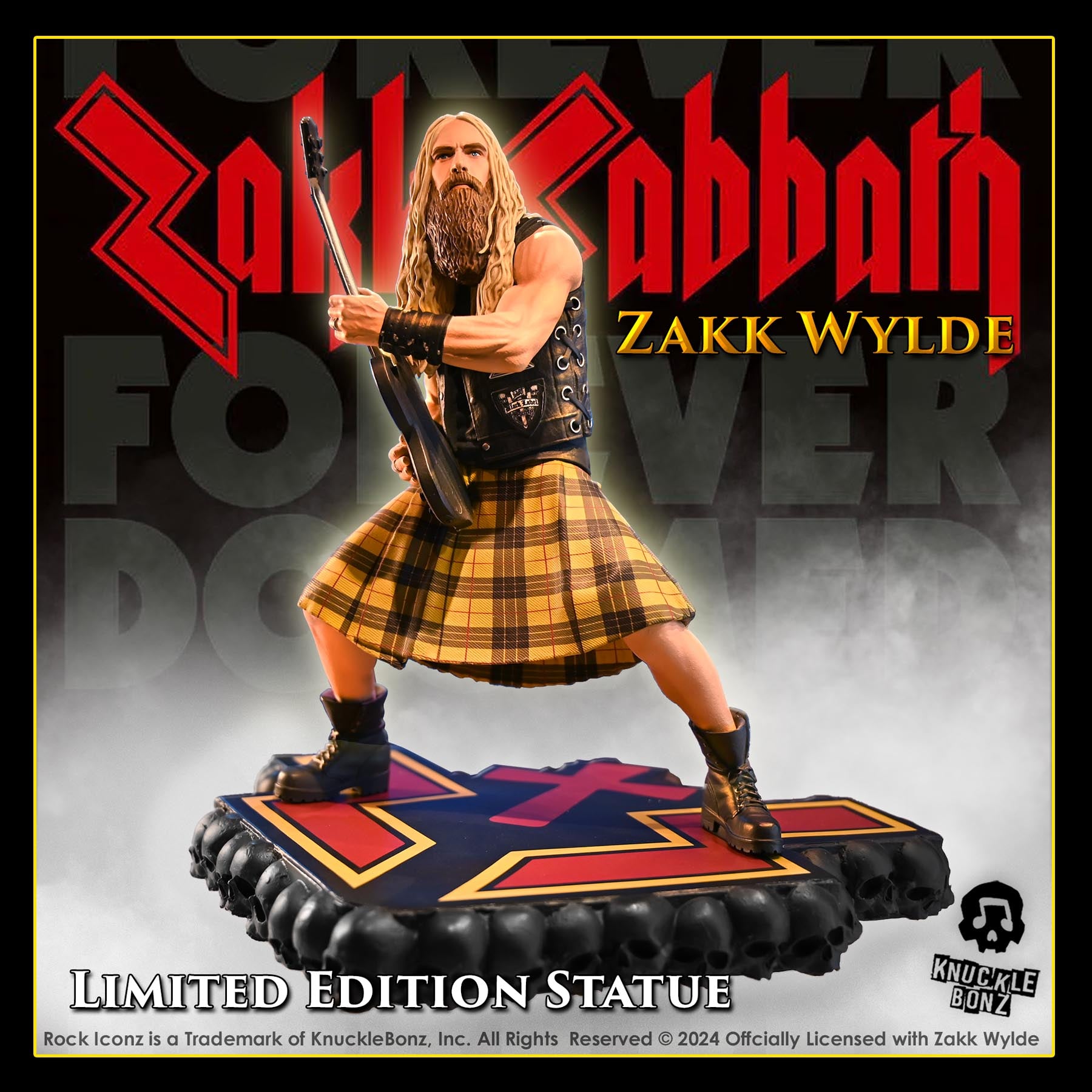 Limited edition Zakk Wylde II Rock Iconz KnuckleBonz statue, depicting a musician in a kilt and costume with a guitar, on a display base with graphics.